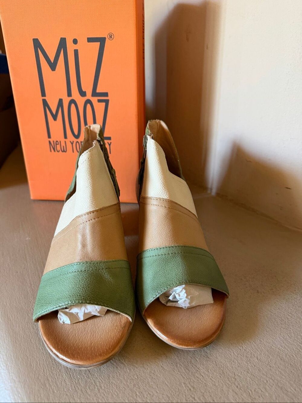 New with box Miz Mooz Celeste colorblock leather peep toe ankle booties